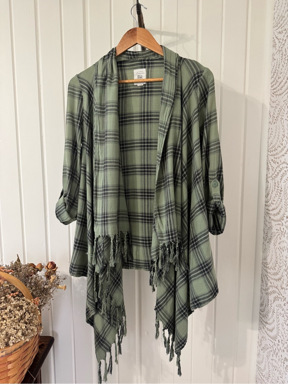 Billabong Sage Plaid Fringe Waterfall Cardigan Wrap S/M